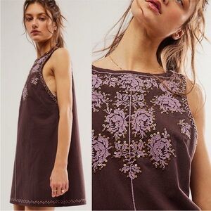 Free People Samson Embroidered Beaded Mini Dress in Hot Fudge Combo Sz M